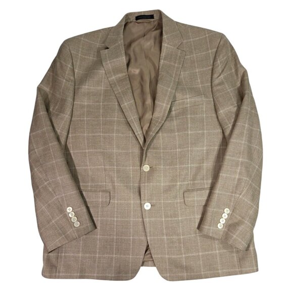 Lauren Ralph Lauren Mens Windowpane Beige Sport Coat Sz 44R Silk Wool Linen